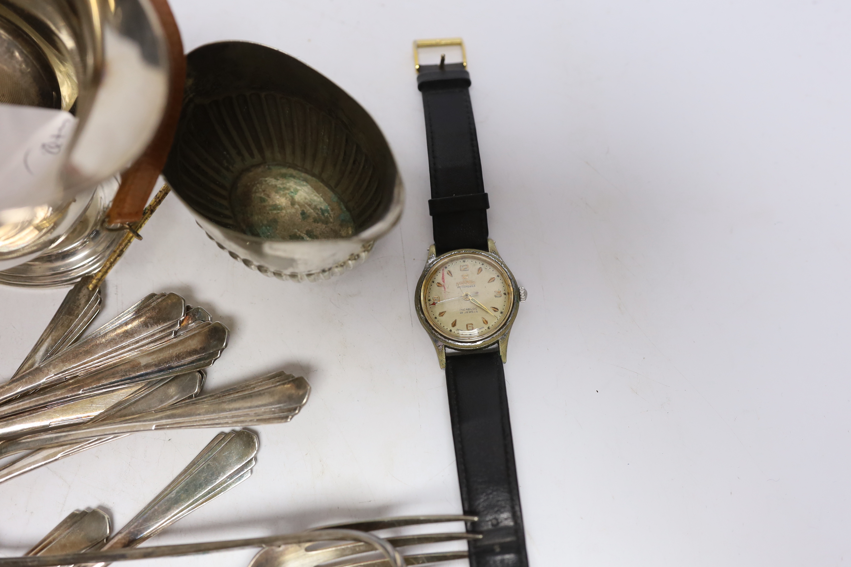 Sundry items including a silver open face chronometer pocket watch, a steel Roamer wrist watch, a Seiko wrist watch, one other pocket watch and assorted plated wares.